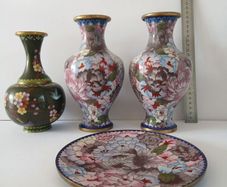 Vintage Chinese Cloisonne vases and plate