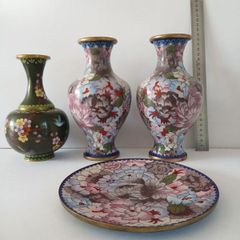 Vintage Chinese Cloisonne vases and plate