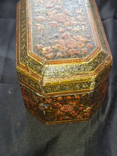 Antique 19th Century Kashmiri Lacquered Papier Mache box featuring ornate floral and bird motifs