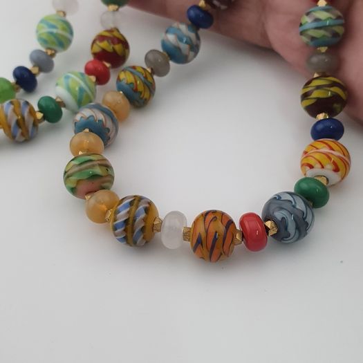 Antique Venetian Style MultiColor Stripe`Pattern Glass Beads Necklace