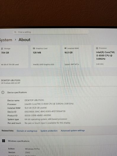 HP ProDesk 600 G4 SFF (i5 8th Gen) and power cable