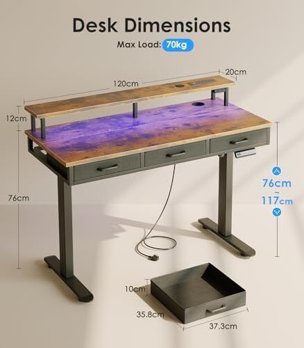 Electric Standing Desk, 120 x 54cm Height Adjustable Desk with 3 Drawers, RGB LED Strip & Charging Station