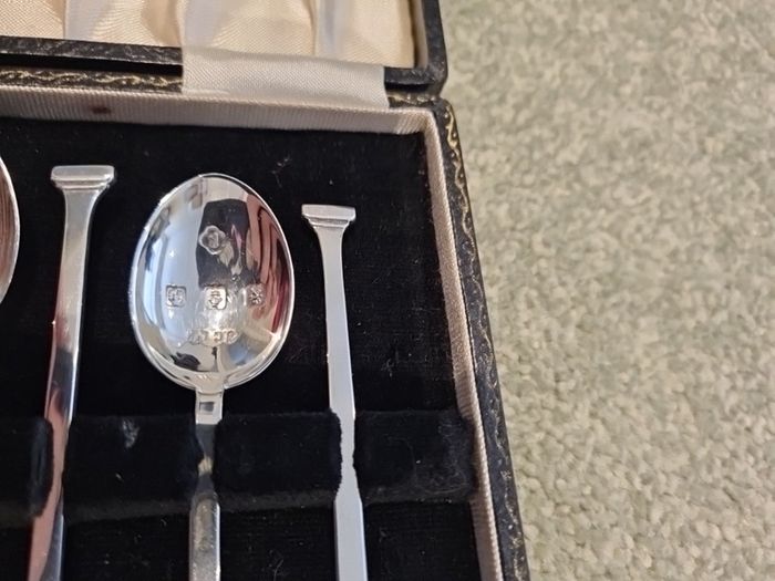 Rare Antique Cased Set of 6 Solid Sterling Silver Coffee Spoons. British Hallmarks Multi-Assay Set which Includes Closed Chester and Glasgow Marks