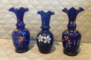 Czech Crystalex Cobalt Blue Vase Hand Painted White Flowers Vintage