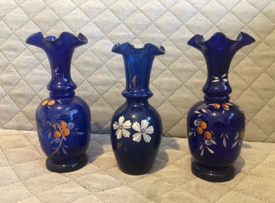 Czech Crystalex Cobalt Blue Vase Hand Painted White Flowers Vintage