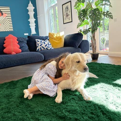 Fluffy Shaggy Rugs Living Room, Large Anti Slip Carpet, Machine Washable Soft Thick Pile Bedside Rug for Kids Bedroom, Nursery - Dark Green, 120 x 160 cm