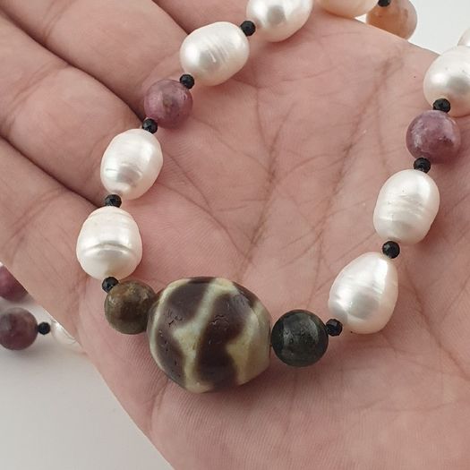 Himalayan Dzi Agate Pendant Necklace with Genuine Freshwater Pearls & Tourmaline