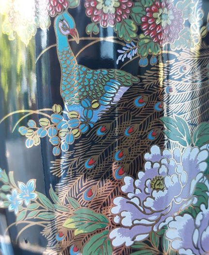 Japanese "Interpur" Ceramic Black Peacock/Floral Vase