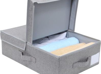 Folding Storage Organizer Basket with Lid on Bookshelves, Cabinet , Stairs, Closet etc, Dark Gray