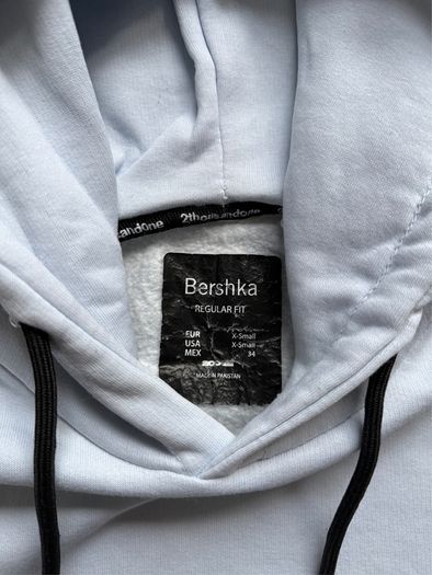 Bershka Ice Blue / White Graphic Print Hoodie - Size XS