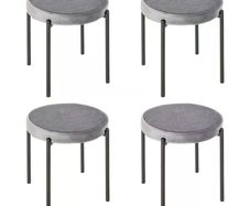 Backless Stackable Dining Stools Velvet-Touch Fabric Upholstered Round Chair with Steel Legs, Set of 4, Grey