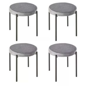 Backless Stackable Dining Stools Velvet-Touch Fabric Upholstered Round Chair with Steel Legs, Set of 4, Grey
