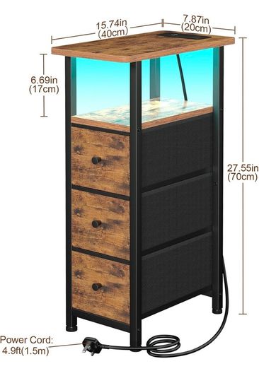 Narrow Bedside Table Set of 2, Slim Side Table for Bedroom Bed Side Table Living Room with Charging Station, Sofa Table with 3 Fabric Drawers, Small Nightstand with LED Lights, Brown