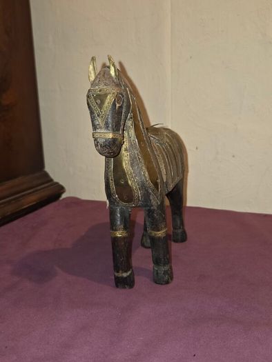 Vintage Hand Carved Wood and Brass Armor Horse Statue