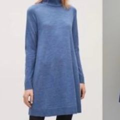 COS Blue Pure Wool A Line Roll Neck Knit Midi Jumper Dress - Size S 10