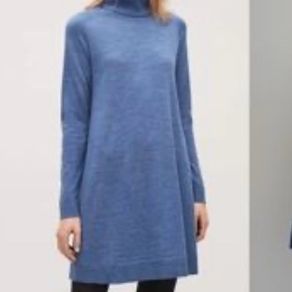 COS Blue Pure Wool A Line Roll Neck Knit Midi Jumper Dress - Size S 10