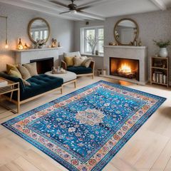 FREE EXPRESS SHIPPING Area Rugs Living Room Bedroom Kitchen Coloured Boho Rug Easy Care Medium Pile Large Rug Vintage Rug Blue Teal Rug (Blue 120x180 CM)