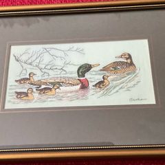 Vintage Cashs Framed Silk Woven Picture Art Mallard Ducks Family