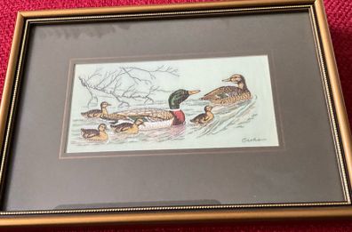 Vintage Cashs Framed Silk Woven Picture Art Mallard Ducks Family