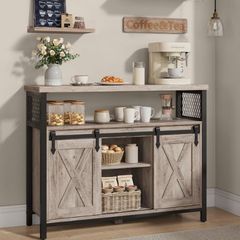 Sideboard, Kitchen Cabinet, Storage Cabinet with 2 Sliding Doors, 33 x 100 x 80 cm, Adjustable Shelves, for Living Room, Cloud White/Honey Brown