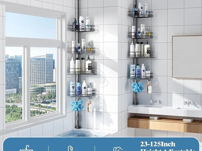 4-Tier Rustproof Telescopic Corner Shower Caddy, Height Adjustable No Drilling Bathroom Storage Accessory Shelf Organiser from 58.5 to 317.5 cm, with 4 Large Capacity Adjustable Baskets, Black