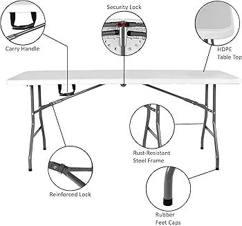 Folding Table 6ft Heavy Duty Extra Strength Camping Buffet Wedding Market Garden Party Car Boot Stall Picnic Trestle Indoor Outdoor Foldaway Carry Handle