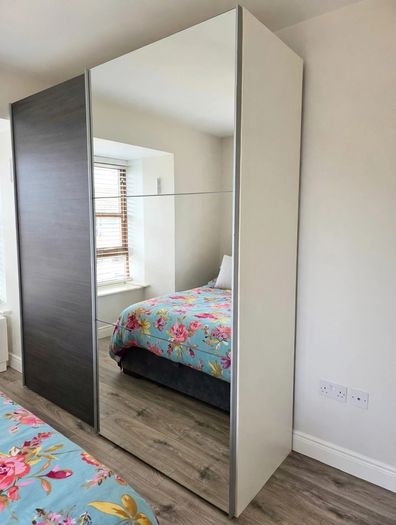Large Sliding Wardrobe - Grey + Mirror - H220 x W204 x D65cm - With Lights & Drawers