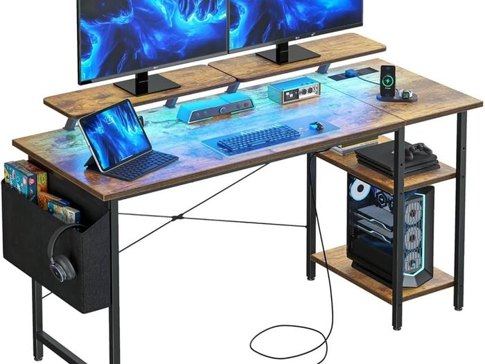 Gaming Desk with LED Lights Power Computer Desk with Storage Shelves Dual Monitor Stands Study  Brown