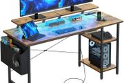 Gaming Desk with LED Lights Power Computer Desk with Storage Shelves Dual Monitor Stands Study  Brown
