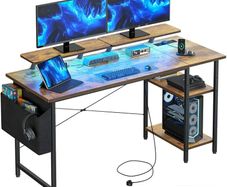 Gaming Desk with LED Lights Power Computer Desk with Storage Shelves Dual Monitor Stands Study  Brown