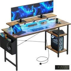 Gaming Desk with LED Lights Power Computer Desk with Storage Shelves Dual Monitor Stands Study  Brown