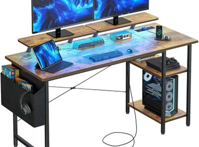 Gaming Desk with LED Lights Power Computer Desk with Storage Shelves Dual Monitor Stands Study  Brown