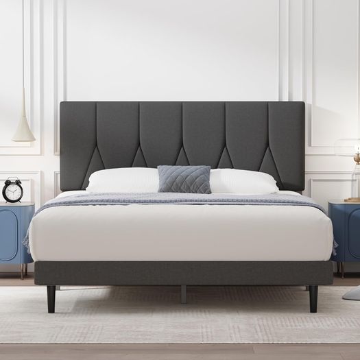 Double Bed Frame, Dark Grey, Upholstered Wooden Slat Bed Frame with Headboard, Easy Assembly, Underbed Storage, No Box Spring Needed