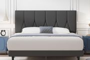 Double Bed Frame, Dark Grey, Upholstered Wooden Slat Bed Frame with Headboard, Easy Assembly, Underbed Storage, No Box Spring Needed
