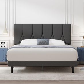 Double Bed Frame, Dark Grey, Upholstered Wooden Slat Bed Frame with Headboard, Easy Assembly, Underbed Storage, No Box Spring Needed