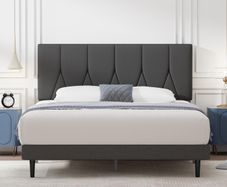 Small Double Bed Frame, Dark Grey, Upholstered Wooden Slat Bed Frame with Headboard, Easy Assembly, Underbed Storage, No Box Spring Needed 120 /190