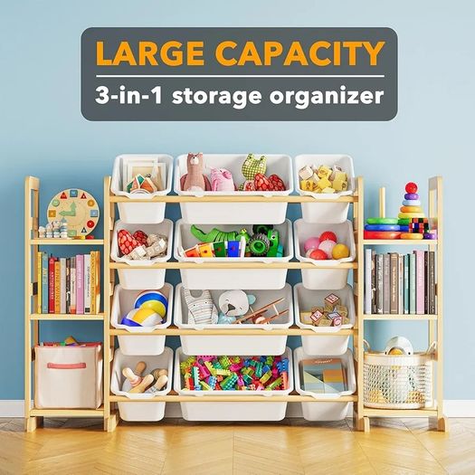 Toy Storage Organizer with 6 Shelves and 12 Bins, Bookshelf/Bookcase, Kids Bin Shelf, Toys Box for Playroom Organization for Bedroom & Room Decor, White, 52.3" W
