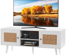 TV Stand, Boho TV Cabinet for 55 inch TV, Mid Century Modern TV Stand, Rattan TV Console with Adjustable Shelfs for Living Room, Media Room