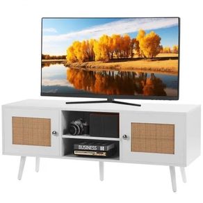 TV Stand, Boho TV Cabinet for 55 inch TV, Mid Century Modern TV Stand, Rattan TV Console with Adjustable Shelfs for Living Room, Media Room