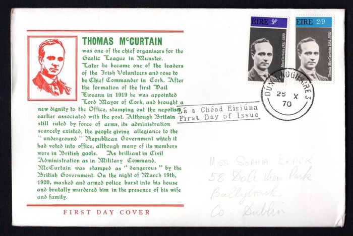 1970 Ireland Patriots 50th Anniversary of the Death of Thomas McCurtin Commemorative Stamps Illustrated First Day Cover (FDC) with Dun Laoghaire cancel