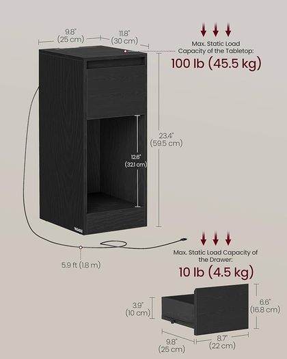 Slim Bedside Tables with Charging Station and LED Light, Set of 2 Narrow Side End Tables, USB Ports, Drawer and Open Compartment, for Bedroom, Living Room, Ebony Black