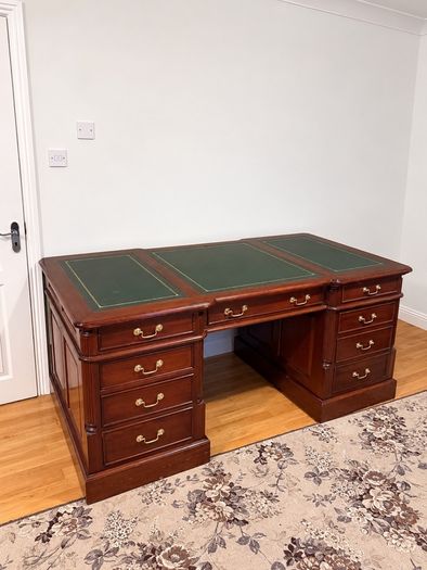 Large Executive Pedestal Writing Desk Green Leather Top