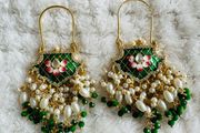 Brand New! Gorgeous Green Meenakari &amp; Pearl Statement Earrings