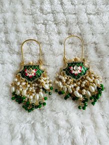 Brand New! Gorgeous Green Meenakari & Pearl Statement Earrings