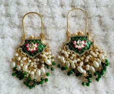 Brand New! Gorgeous Green Meenakari & Pearl Statement Earrings