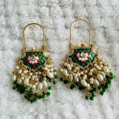 Brand New! Gorgeous Green Meenakari & Pearl Statement Earrings