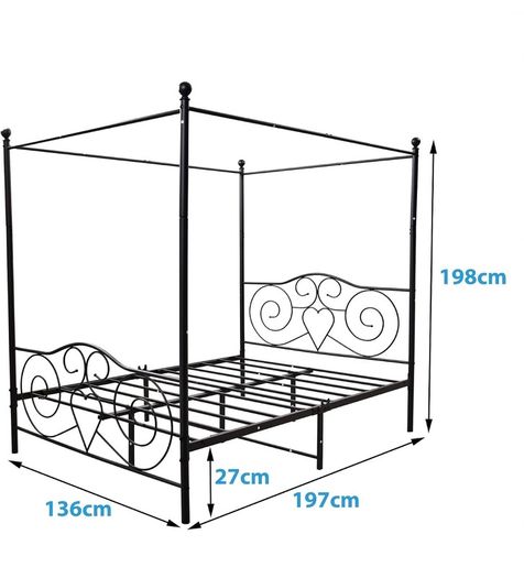 Double Canopy Bed Frame with Vintage Headboard & Footboard, Black 135x190cm Double Canopy Bed Frame, 4ft6 Heavy Duty Metal Bed, Heart Scroll Headboard & Footboard, Steel Slats for Bedrooms