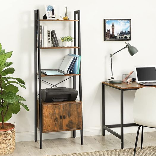 _Standing shelf, ladder shelf, bookcase with cupboard, living room shelf, 4 shelves, sturdy iron frame, bedroom, office, 56 x 34 x 173 cm, industrial design, vintage, dark brown