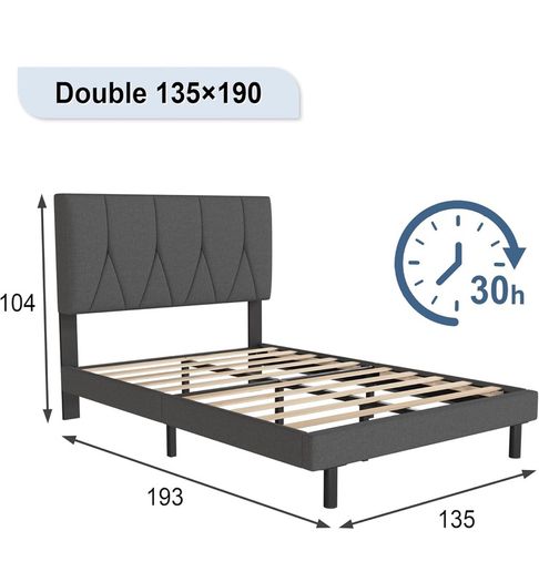 Double Bed Frame, Dark Grey, Upholstered Wooden Slat Bed Frame with Headboard