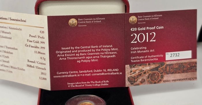 Ireland 2012 Gold Proof 20 Euro Book of Kells Celebrating Irish Monastic Art Coin in Original Holder with COA